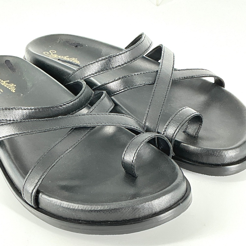 Seychelles Size 8 Black Leather Strappy Toe Loop Slide Sandals Rule the World - Picture 3 of 15